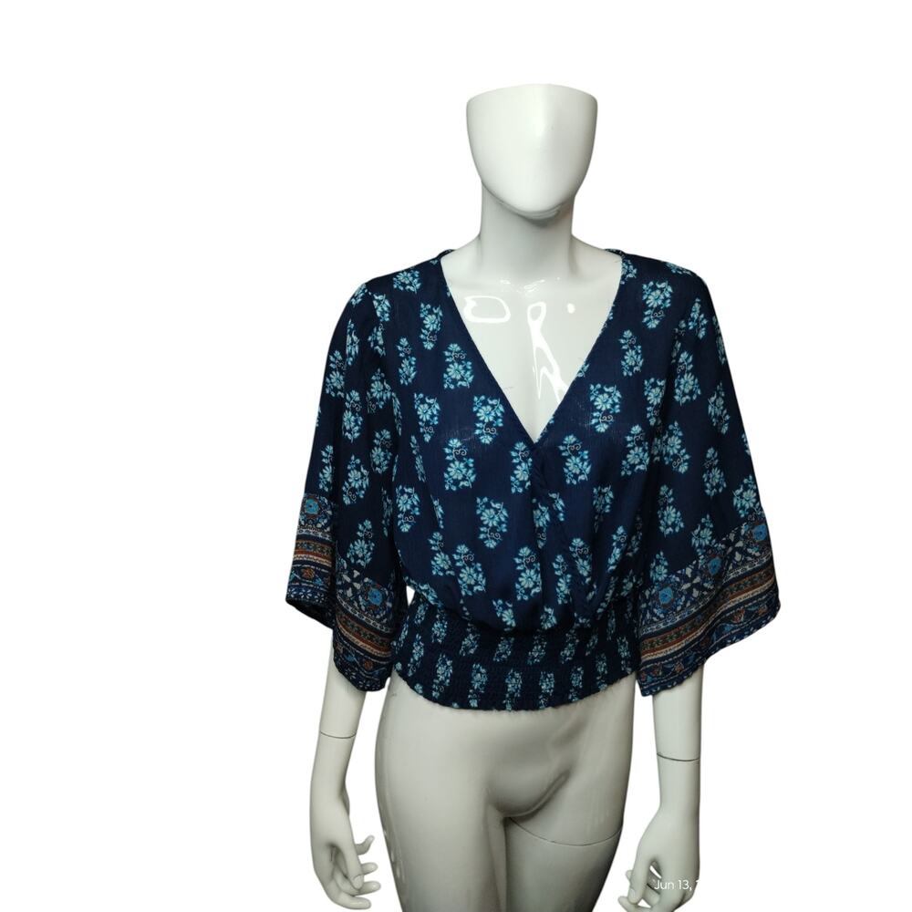 Twine & String Womens Large Top Kimono Sleeve Mosaic Floral Smocked Waist Boho‎